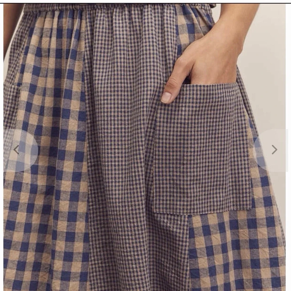 Amente LA Gingham Midi Skirt A-Line Preppy Cottagecore Elastic Waist Pockets - Picture 3 of 10